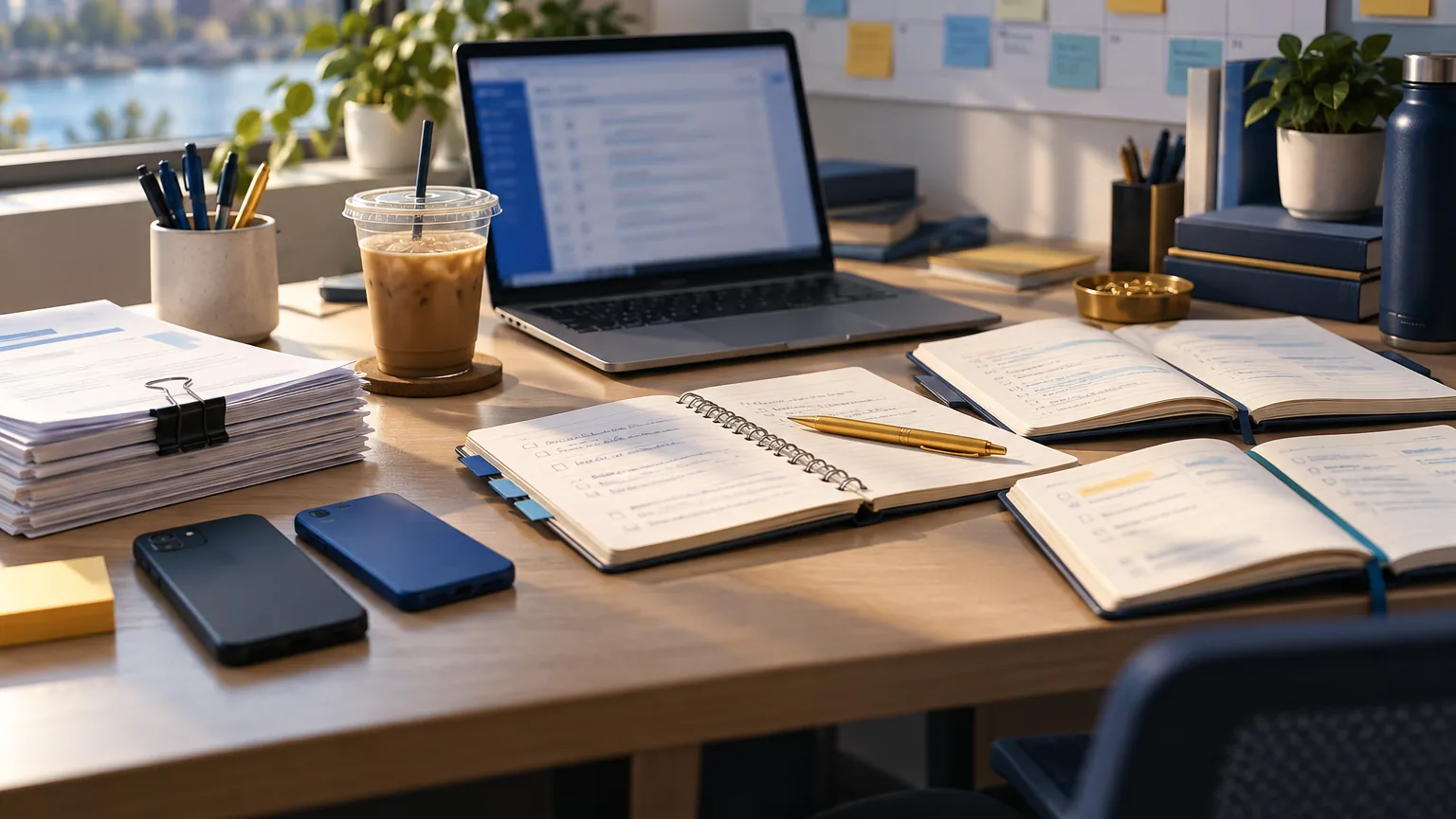 Illustrative image: a busy communications desk covered in notes, printouts and phones.