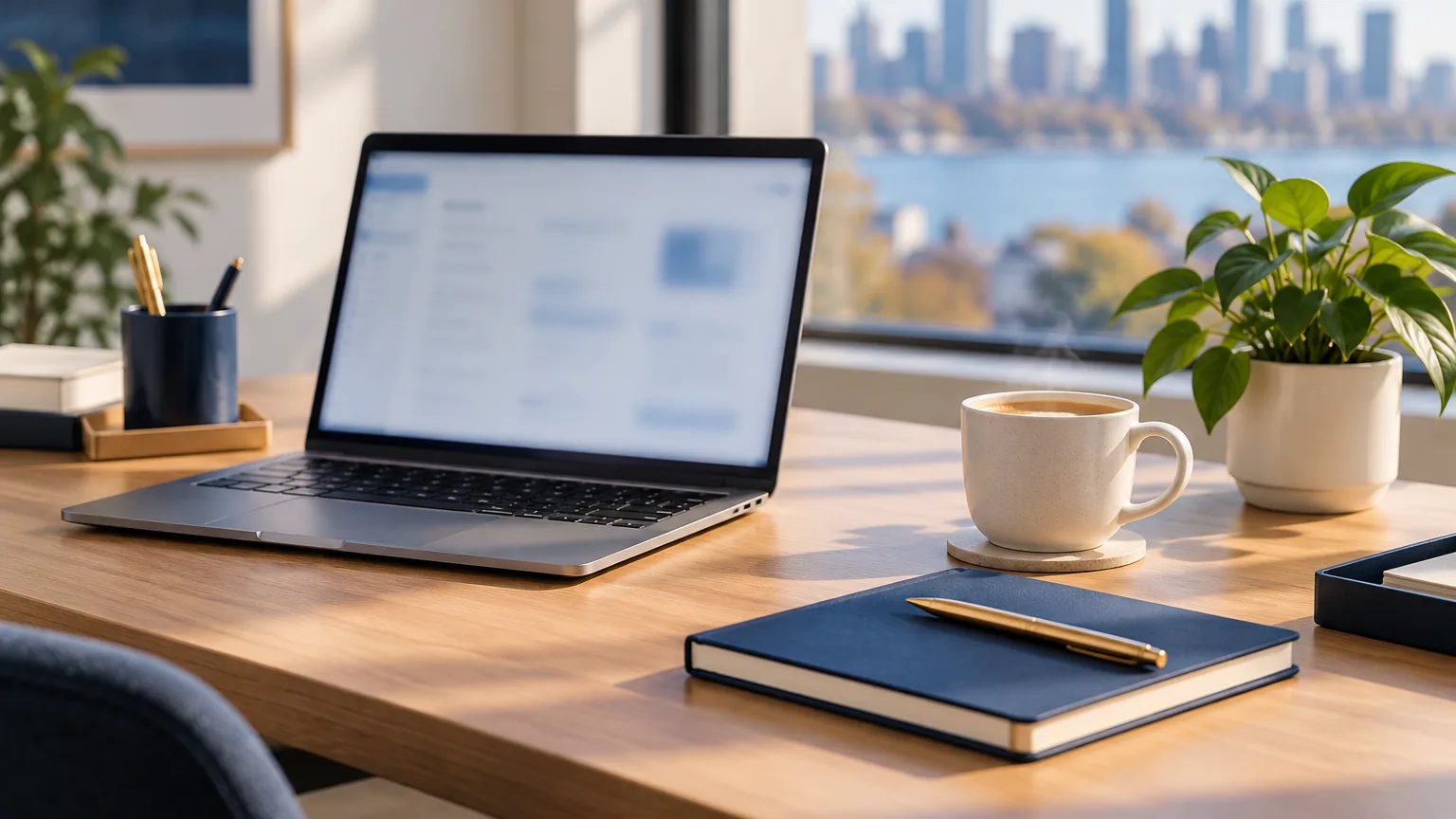 Illustrative image: a calm, organized desk with one laptop and a closed notebook.