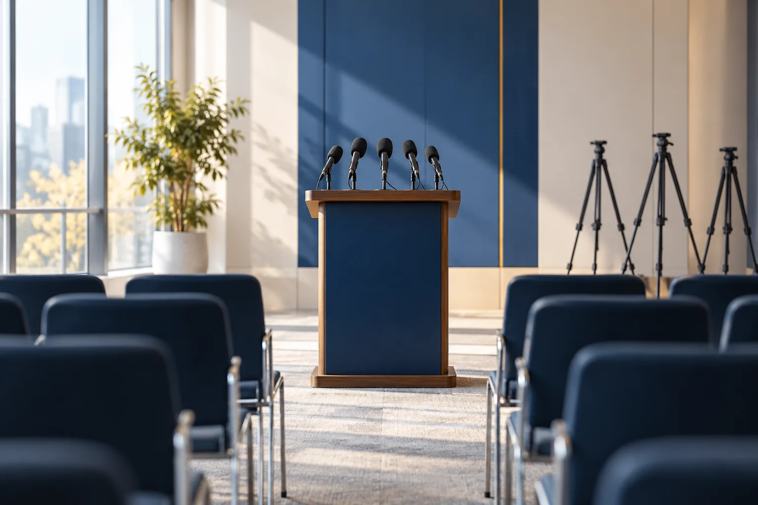 Illustrative image: an empty podium with microphones before a media briefing.