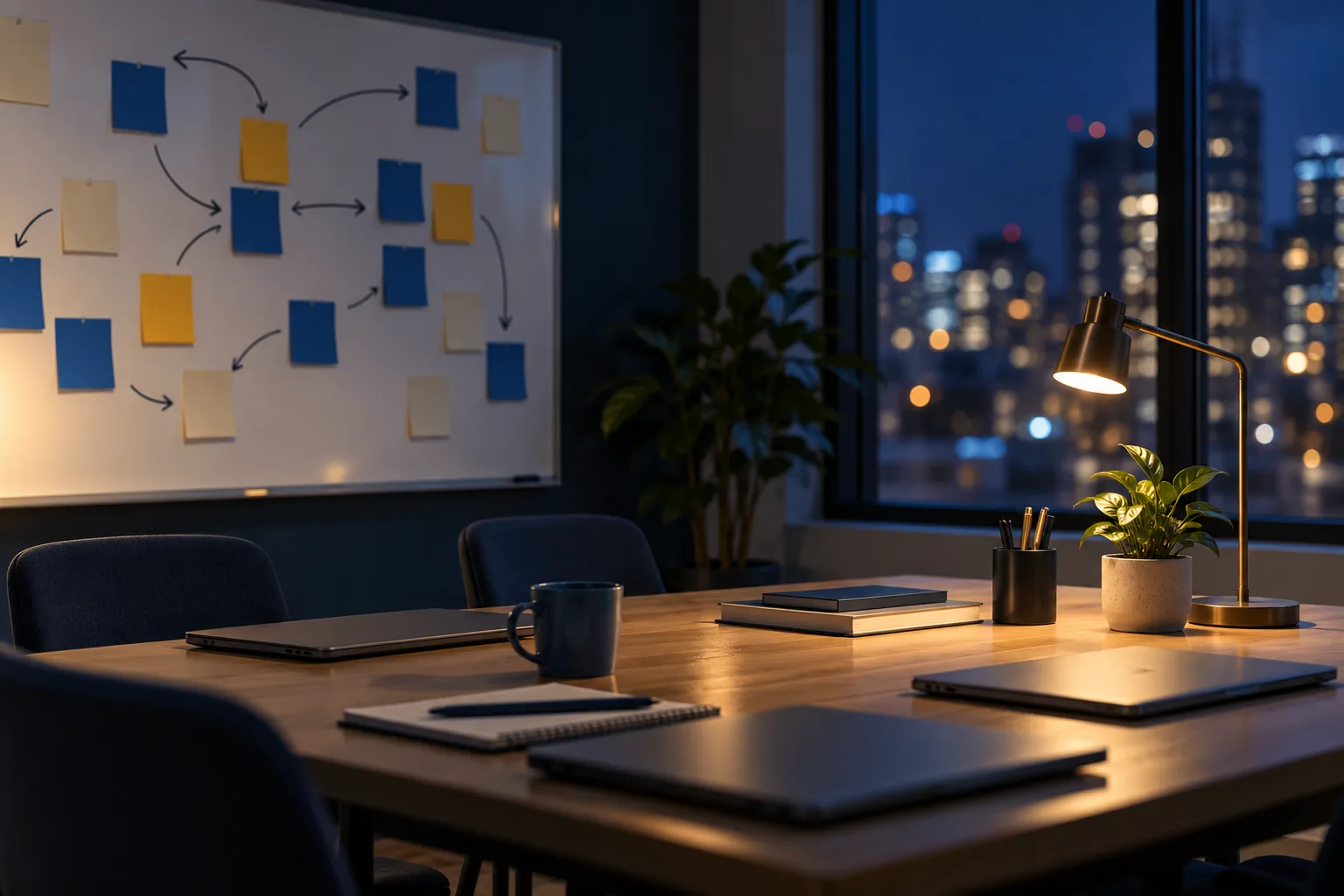 Illustrative image: a meeting room at night with a whiteboard of notes and arrows.