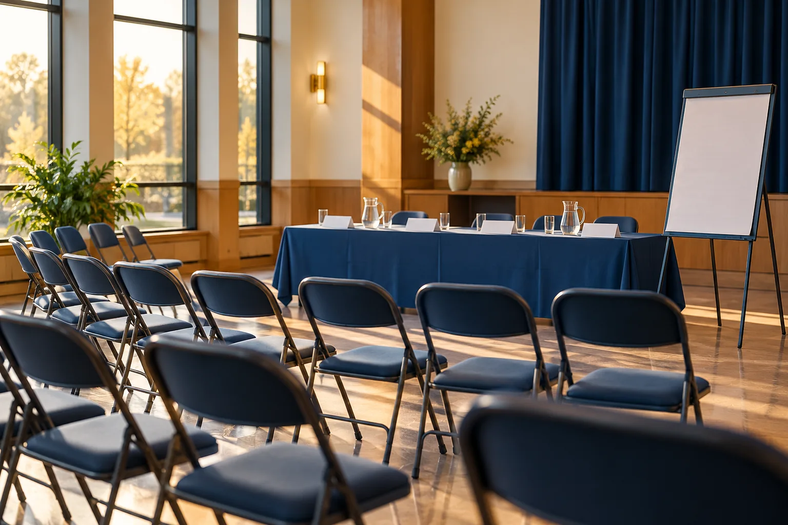 Illustrative image: a community hall set up for a public meeting.