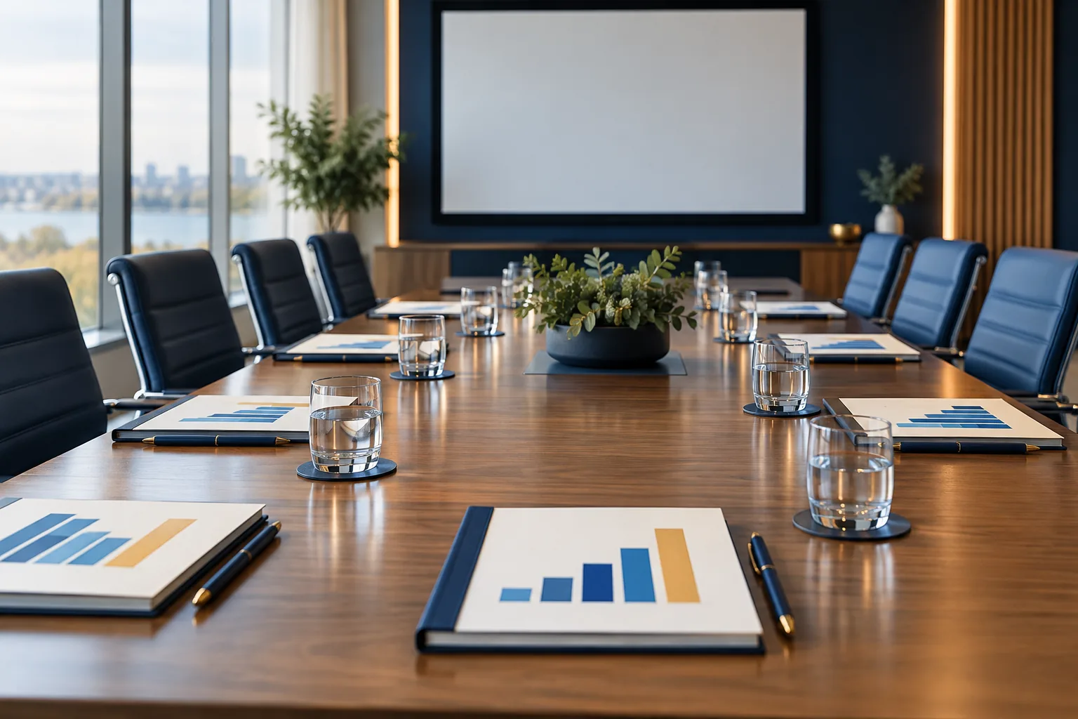 Illustrative image: a boardroom table set with reports before a briefing.