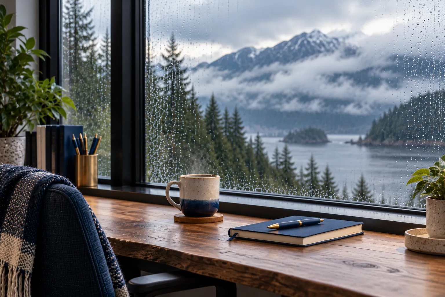 Illustrative image: an office window looking out at rain, forest and mountains.
