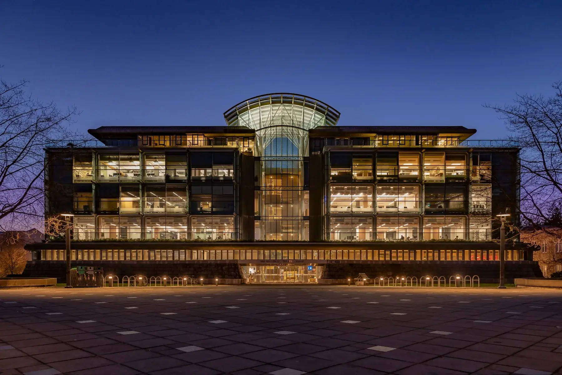 University of British Columbia campus building illuminated at dusk