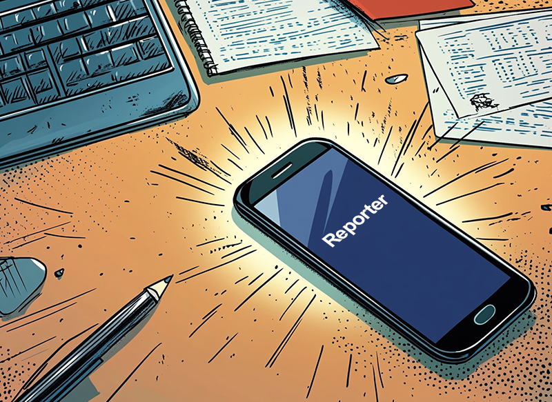 Comic book image of a smartphone vibrating on an office desk, with the caller ID'd only as Reporter