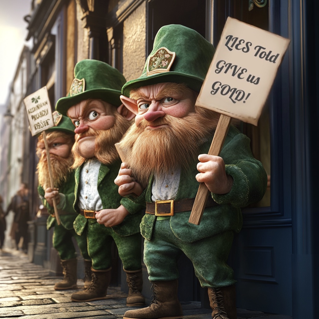 Artificially generated image of leprechauns picketing with signs on a Dublin sidewalk