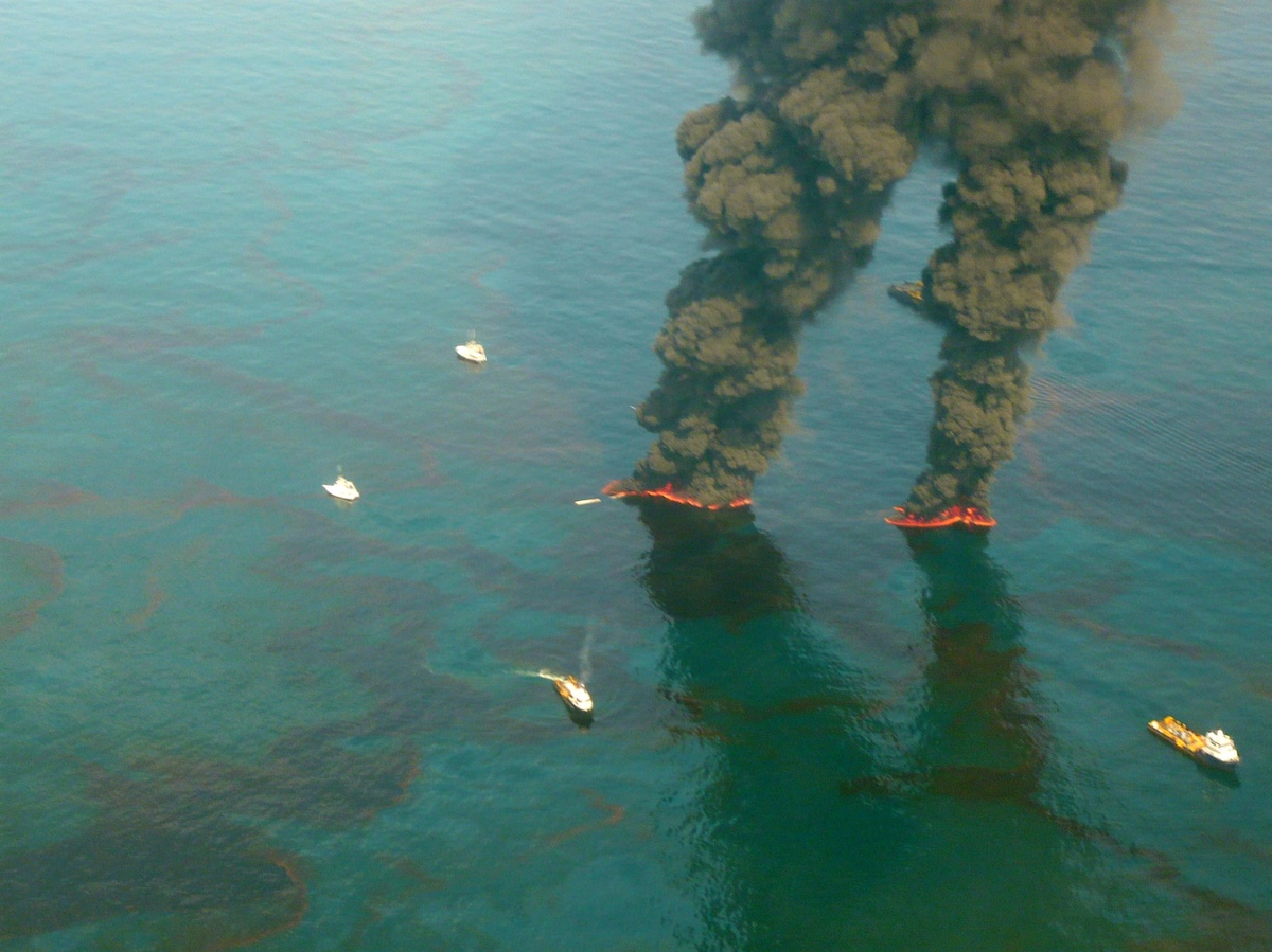 Overhead shot of a controlled burn of oil on the Gulf of Mexico following the Deepwater Horizon incident